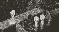 Screenshot of the Playdate game 'Outside Parties' showing a grainy, grayscale panoramic image with eerie, shadowed figures and occult symbols.