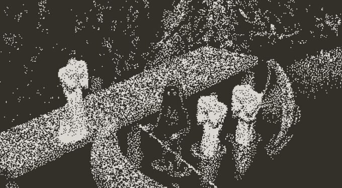 Screenshot of the Playdate game 'Outside Parties' showing a grainy, grayscale panoramic image with eerie, shadowed figures and occult symbols.