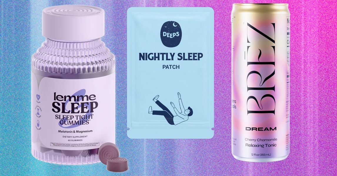 A selection of over-the-counter sleep aids, including gummies and an oral spray, arranged on a clean surface.