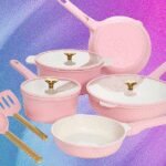 Paris Hilton 12-Piece Knife Set with Block in pink, displayed on a kitchen counter