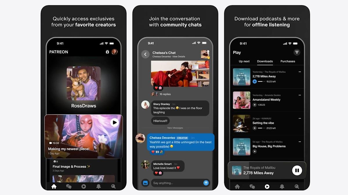 Patreon app screenshots on an iPhone, illustrating the impact of Apple's subscription billing mandate on creators.