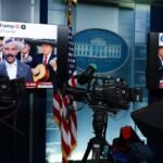 Screens at the White House displaying AI-modified videos of Hakeem Jeffries and Chuck Schumer, shared by President Donald Trump on social media.
