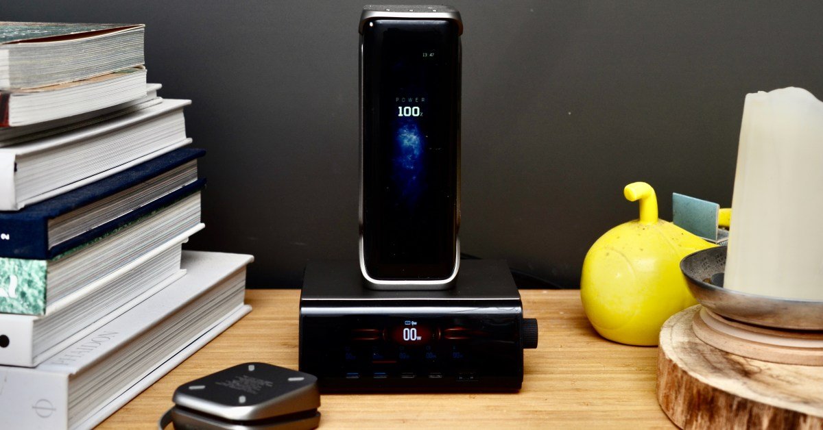 A $270 EcoFlow Rapid Pro X Power Bank 27k with proprietary modules and a desktop dock, illustrating the complexity of modern portable chargers.