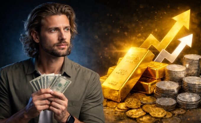 An entrepreneur examining gold and silver coins, symbolizing wealth preservation and smart investment.