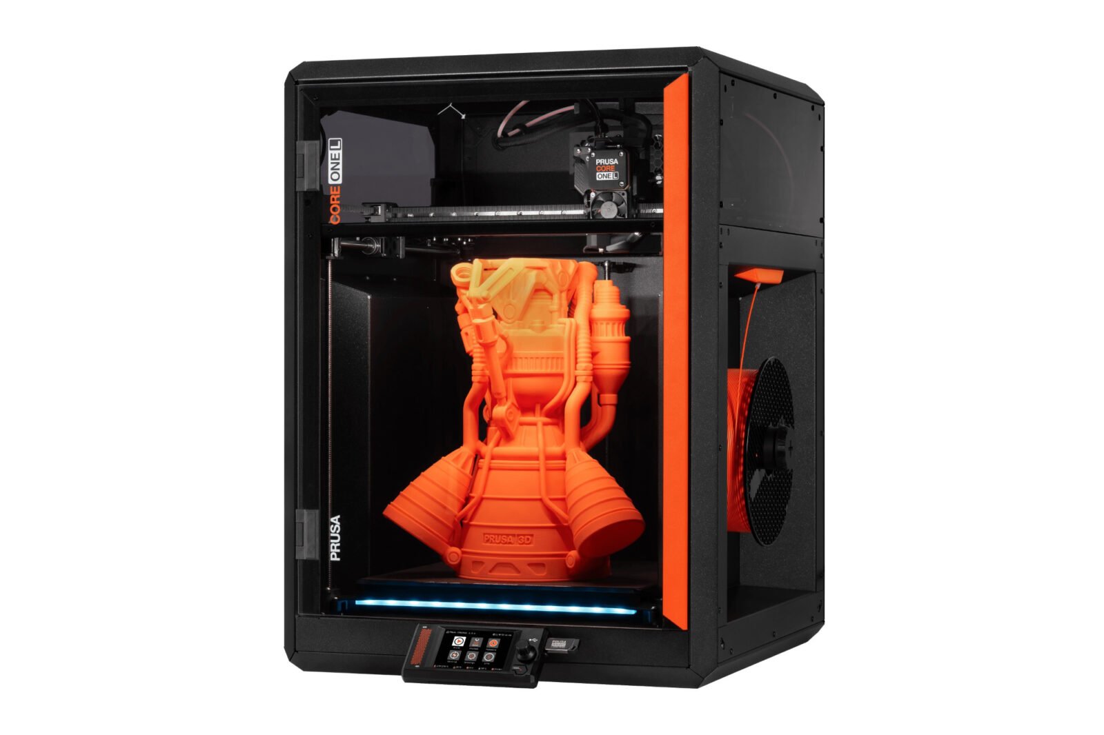 Prusa Core One L 3D printer in action, showcasing its large build volume and sleek design.