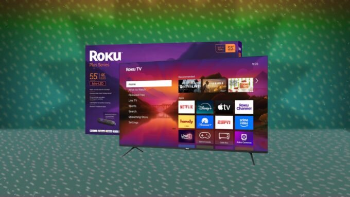 A sleek 55-inch 2025 Roku Smart TV Plus Series displaying vibrant 4K content on sale.