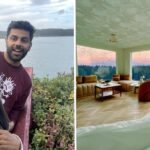 Aerial view of a transformed luxury boutique hotel, formerly an RV park, featuring modern cabins, lush landscaping, and a central pool.