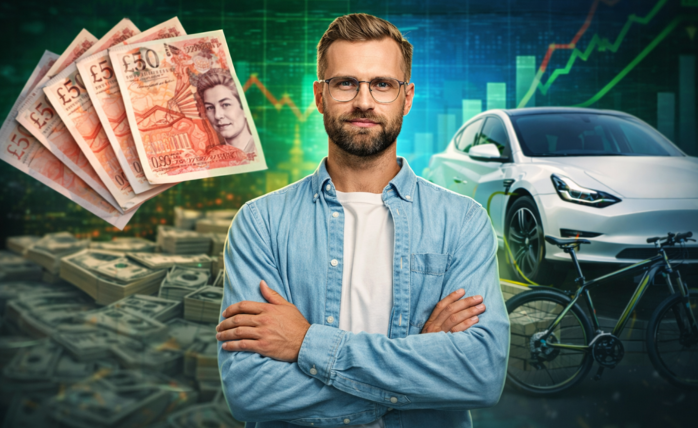 Illustration of a diverse group of employees benefiting from salary sacrifice schemes, with UK financial symbols in the background.