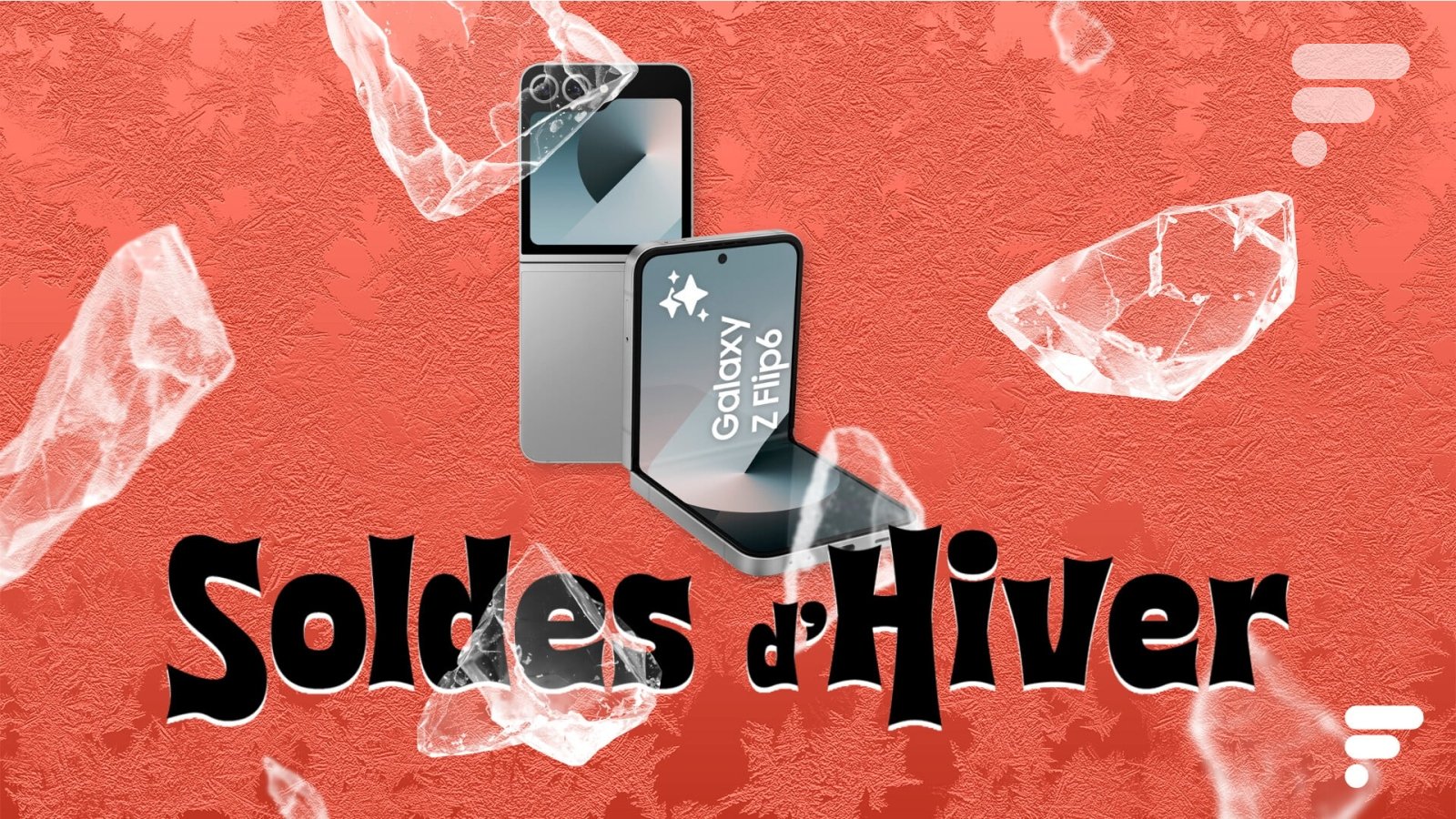 Image du Samsung Galaxy Z Flip 6 plié et déplié, mettant en avant son design élégant et son écran principal.