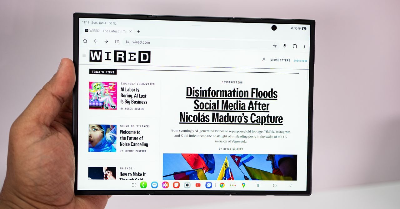 The Samsung Galaxy Z Trifold phone, shown in both its compact folded smartphone and fully expanded 10-inch tablet configurations.