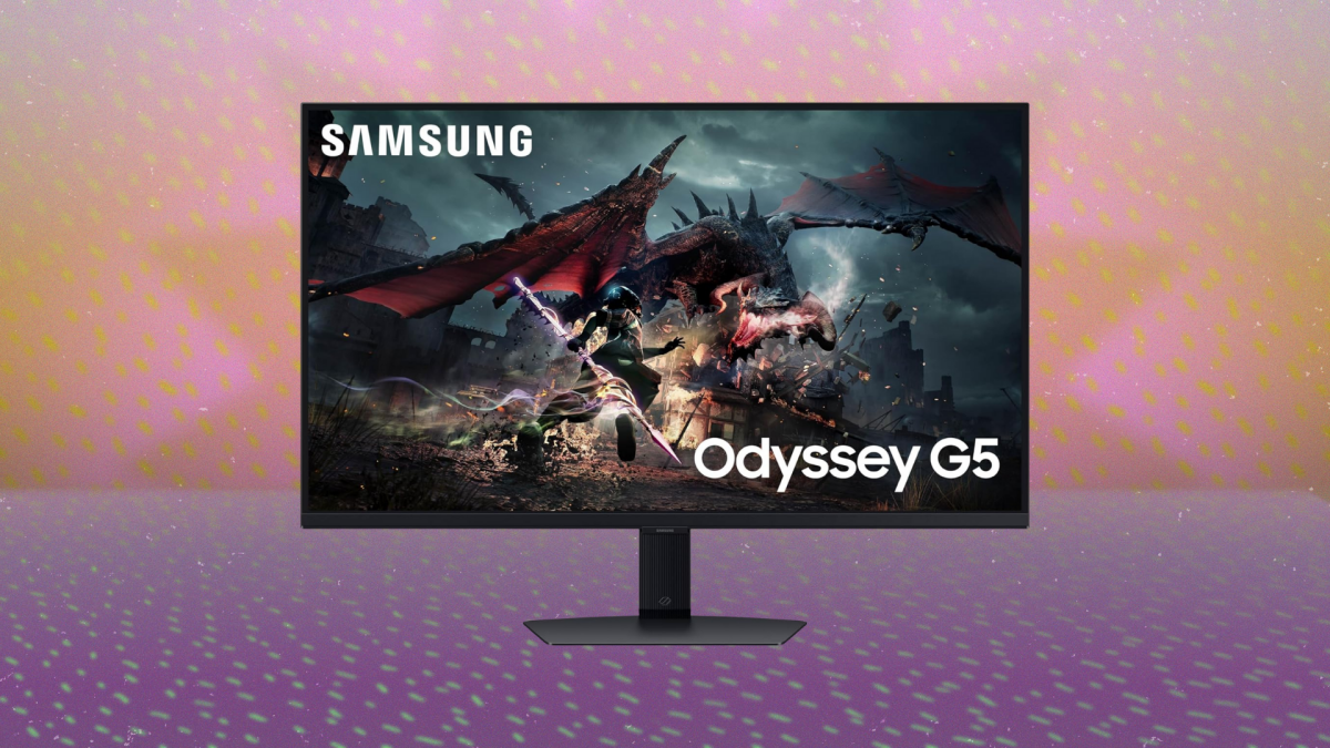 A Samsung Odyssey G50D S27DG50 27-inch gaming monitor displaying a vibrant game scene