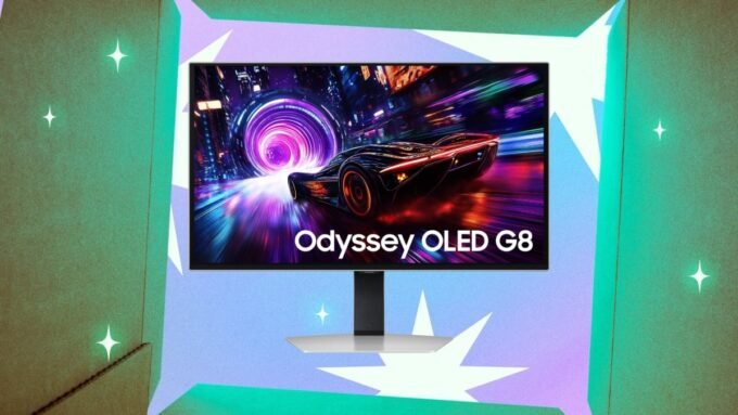 Samsung Odyssey G8 QD-OLED gaming monitor showcasing vibrant, high-resolution game graphics.