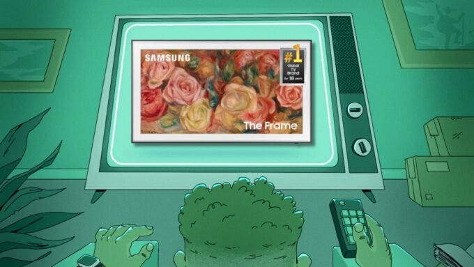 Samsung 'The Frame' QLED 4K TV in Art Mode, seamlessly blending into a modern living room