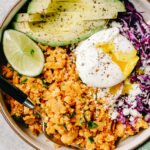 A vibrant flat lay of avocados, potatoes, chicken breast, Greek yogurt, and beans, representing satiating foods.