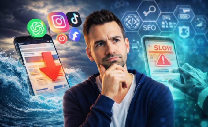 A graphic illustrating common SEO pitfalls, such as a broken mobile phone, slow loading icon, or a low-quality content symbol, representing challenges for digital marketers.