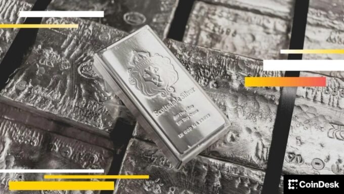 A silver bar next to a digital chart showing trading activity on a crypto exchange, symbolizing the surge in silver derivatives on Hyperliquid.
