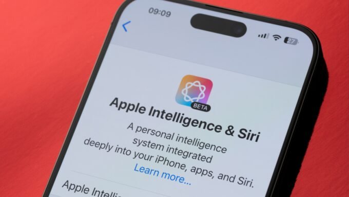 Siri icon transforming into a sophisticated AI chatbot interface, with Apple logo in the background.