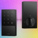 A modern smart lock installed on a front door, illustrating keyless entry