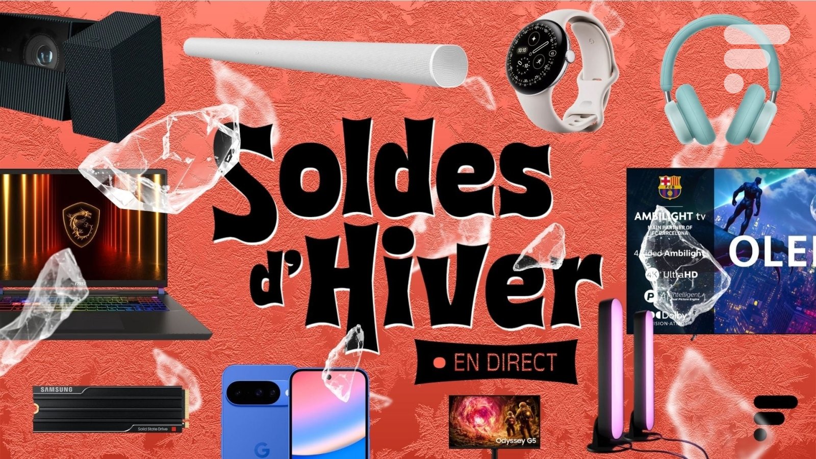 Sélection de produits tech en promotion lors des Soldes d'Hiver 2026 sur diverses plateformes e-commerce.