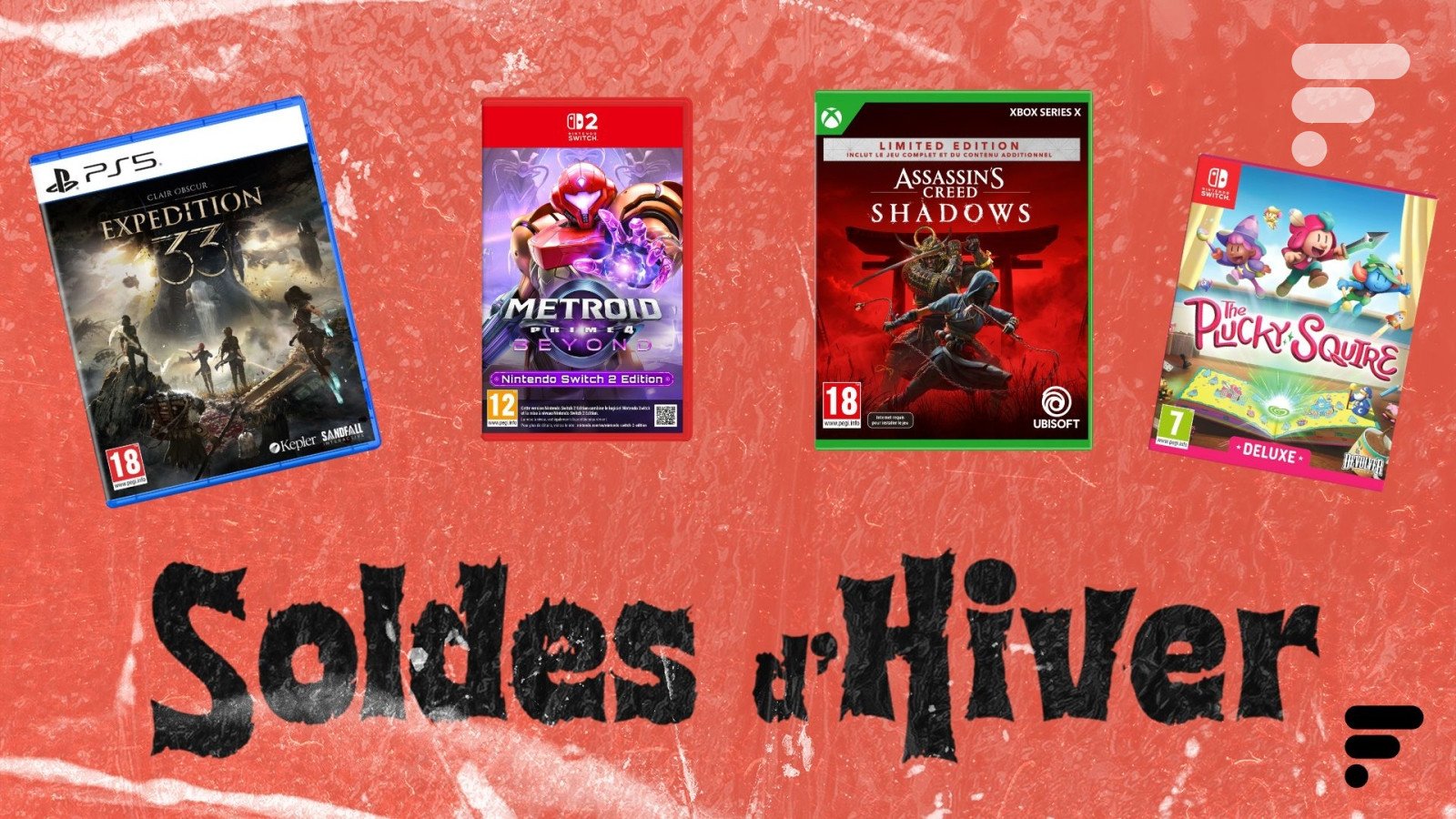Une sélection de jeux vidéo en promotion sur les consoles PlayStation 5, Nintendo Switch et Xbox Series, symbolisant les soldes d'hiver 2026.
