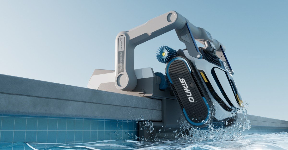 Mammotion Spino S1 Pro robot pool cleaner being lifted by its robotic arm into a docking station.
