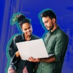 A small startup team collaborating with a large corporate building in the background, symbolizing the blend of agility and structure.