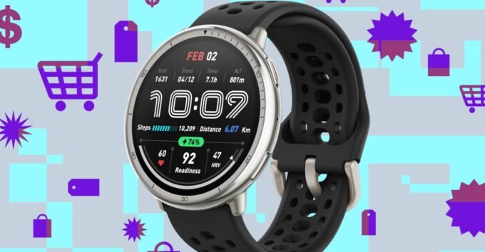 A collage of an Amazfit Active 2 smartwatch, an Anker 45W Nano Charger, and a stack of 4K Blu-ray discs.