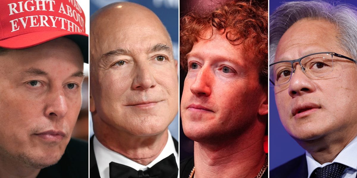 Four tech moguls shaking hands with a political figure, symbolizing the intersection of technology and politics.