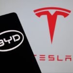 Tesla and BYD electric vehicles, symbolizing the shift in global EV market leadership.