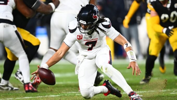 Houston Texans and New England Patriots players in action during an NFL game, with a VPN logo overlay.