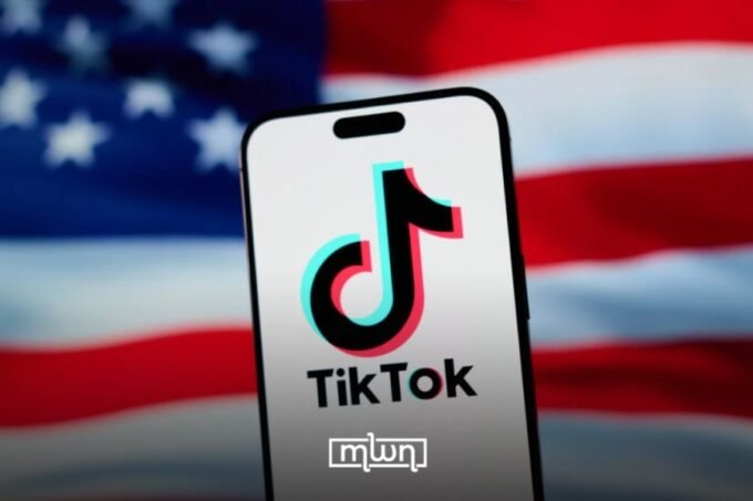 Illustration of TikTok logo with American flag elements, symbolizing US control over the platform's operations and data.