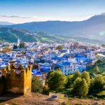 Vue panoramique d'une ville marocaine animée, avec des bâtiments traditionnels et des palmiers sous un ciel bleu, symbolisant l'attractivité touristique du Maroc.
