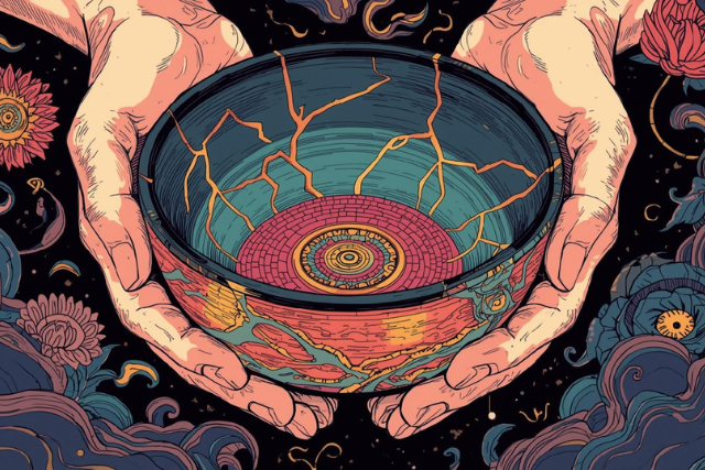 Kintsugi art showing a mended ceramic, symbolizing beauty in brokenness and healing.