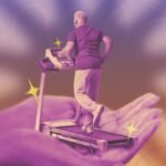 Runner on a treadmill applying various hacks for an improved workout experience.