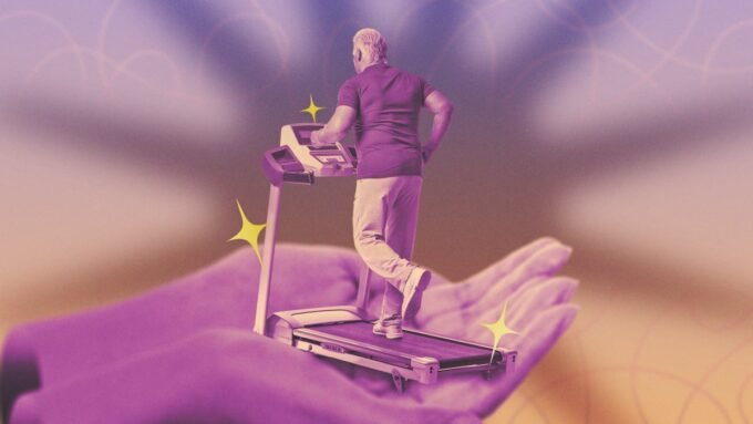 Runner on a treadmill applying various hacks for an improved workout experience.