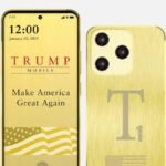 Senator Elizabeth Warren speaking, with a blurred image of a smartphone and the FTC logo in the background, symbolizing the investigation into Trump Mobile.