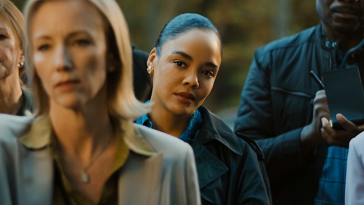 Collage of promotional images from various mystery thriller TV shows, including 'His & Hers', 'Sharp Objects', and 'Mare of Easttown'.