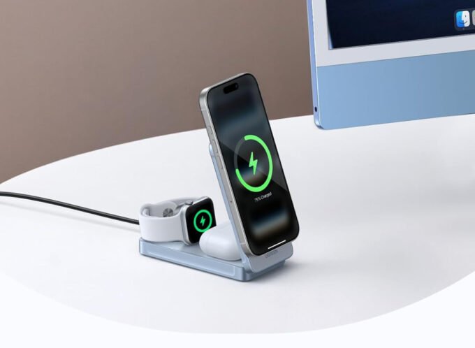 UGREEN MagFlow Qi2 3-in-1 Foldable Wireless Charger Station powering an iPhone, Apple Watch, and AirPods.