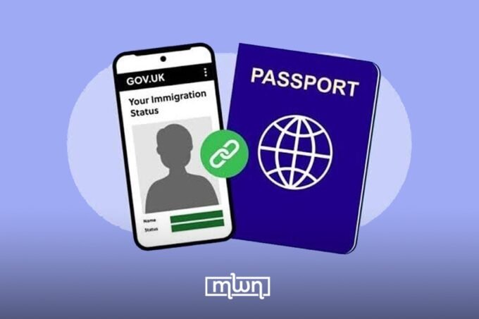 Digital representation of a UK eVisa or a passport with digital elements, symbolizing the new system for Moroccan travelers.