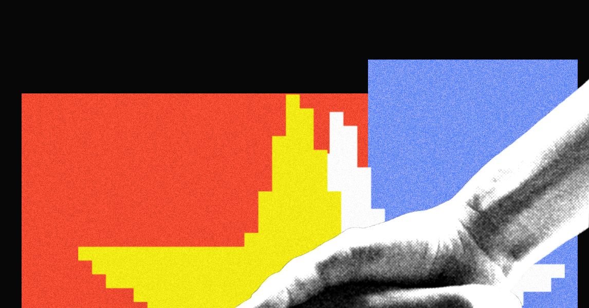 Beyond the Headlines: Unmasking the Deep AI Collaboration Between the US and China 3 Two hands, one representing the US flag and the other the Chinese flag, shaking hands over a digital network representing AI data.