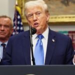 President Donald Trump discusses his new healthcare plan at the White House, with Press Secretary Karoline Leavitt also pictured at a briefing.