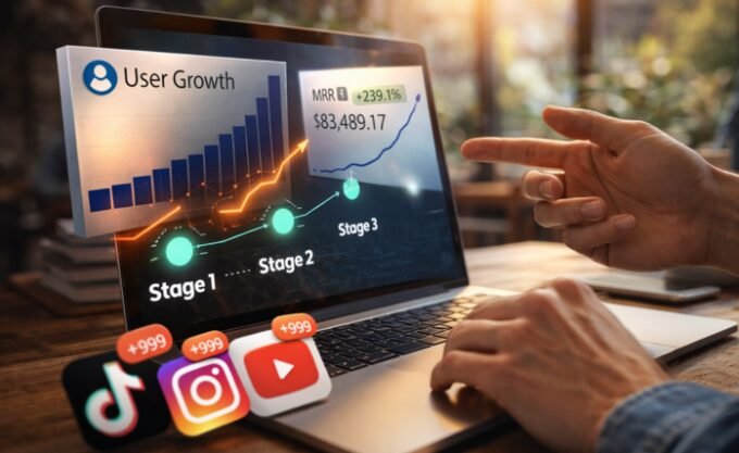 A dynamic graphic illustrating a growth curve with users converting at various stages, symbolizing effective user acquisition strategies.