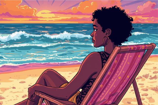 A person sitting alone on a beach at sunrise, looking out at the ocean, reflecting on universal human emotions.