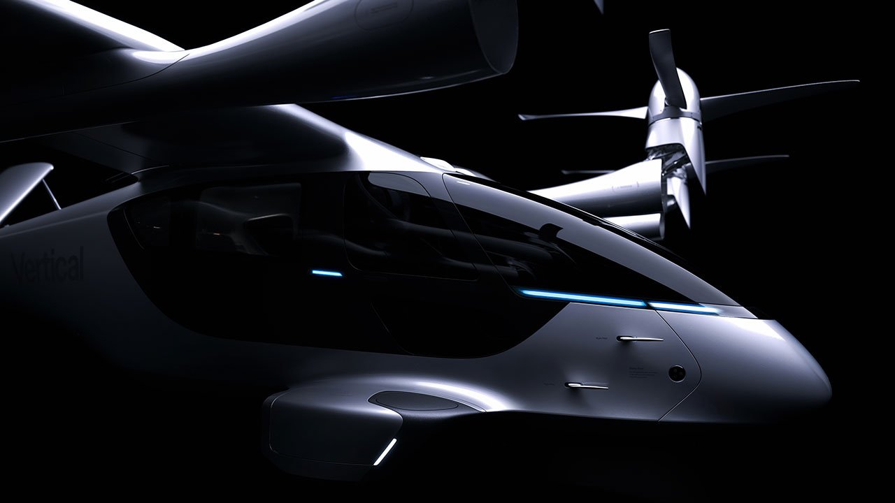 The sleek Valo eVTOL aircraft hovering above a city skyline, ready for urban air mobility.