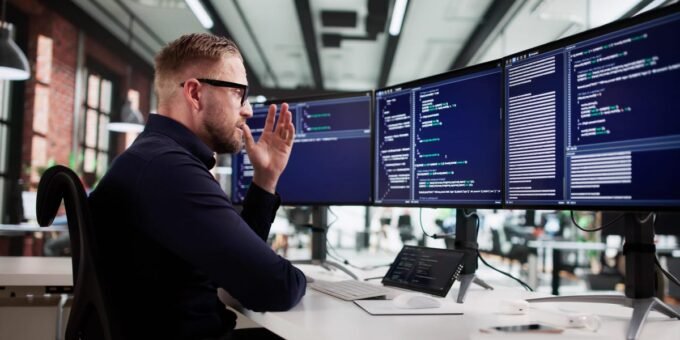 A software engineer in a state of flow, surrounded by abstract code elements and vibrant colors, representing the intuitive nature of vibe coding.