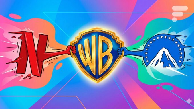 Logos de Paramount et Warner Bros Discovery en conflit, symbolisant une bataille juridique