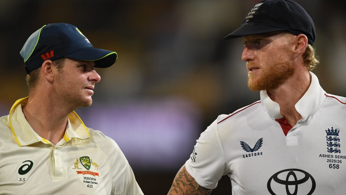 Cricket players from England and Australia competing in an Ashes Test match, with fans in the background.