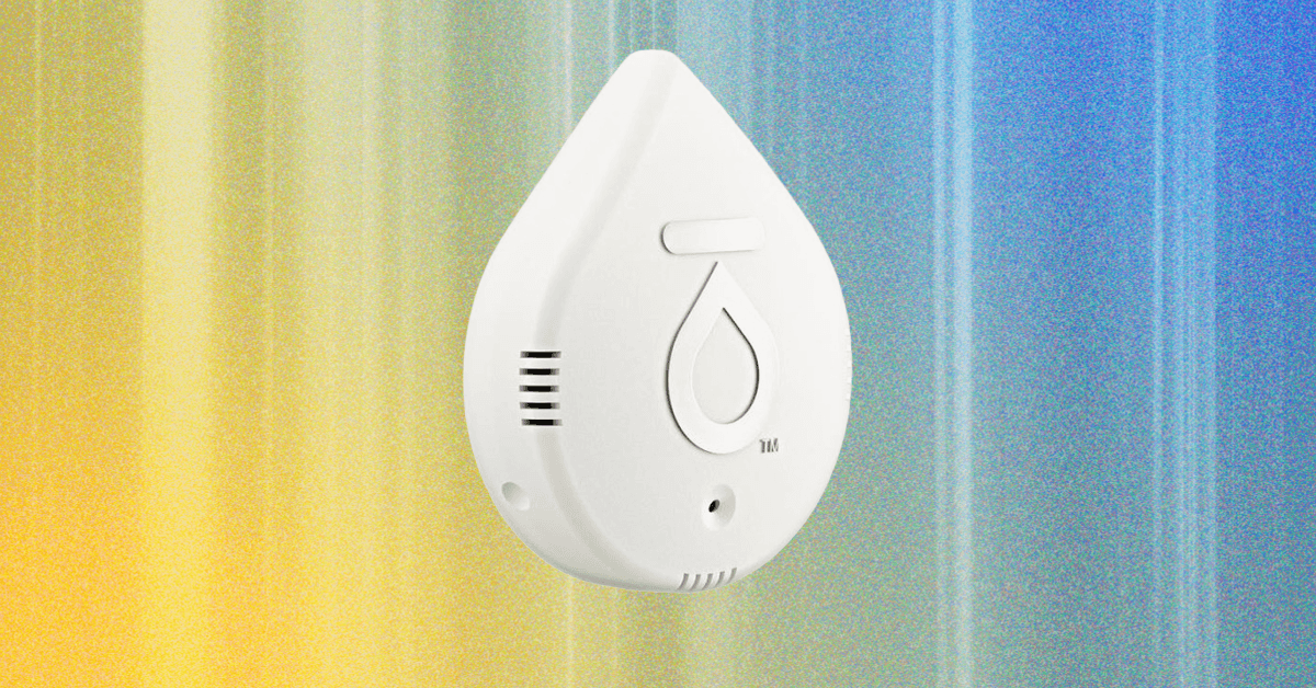 Various smart water leak detectors strategically placed in a modern home setting near appliances and water sources.