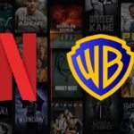 Logos of Warner Bros. Discovery, Netflix, and Paramount Global, symbolizing a corporate merger battle.