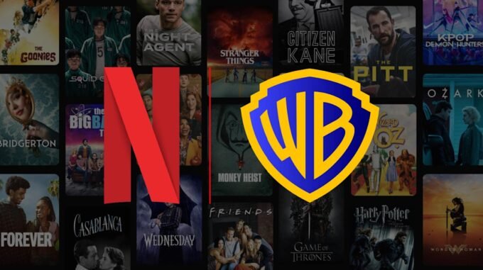 Logos of Warner Bros. Discovery, Netflix, and Paramount Global, symbolizing a corporate merger battle.